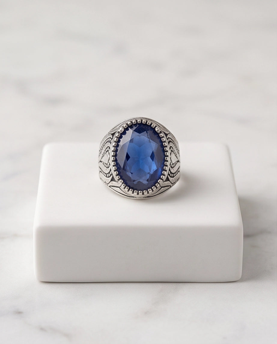 Sapphire Blue Oval-Cut Gemstone Beaded Bezel Textured Silver Ring