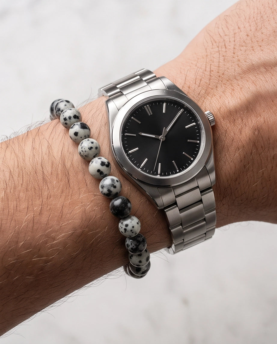 Dalmatian Jasper Black & White Speckled Stone Beaded Adjustable Macrame Bracelet