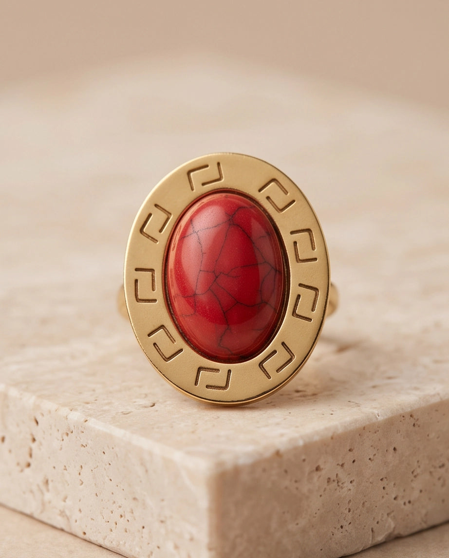 Solstice Greek Key Crimson Cabochon Ring
