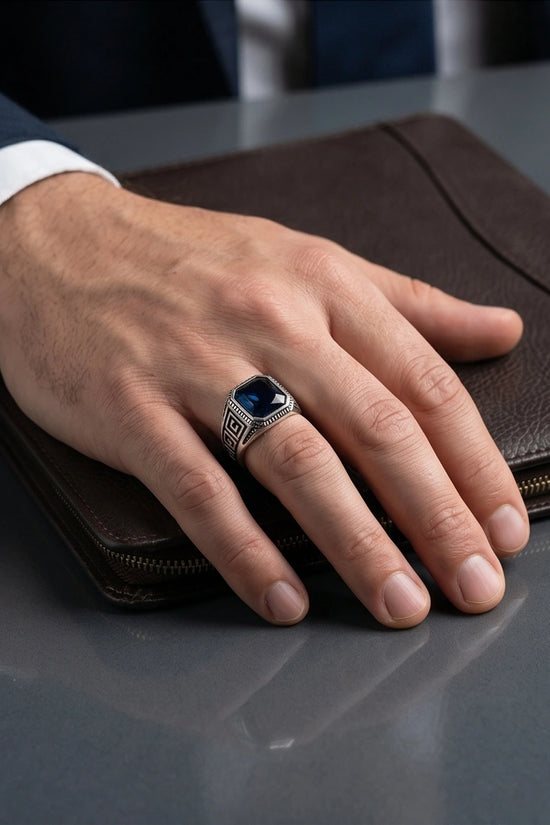 Vintage Greek Key Deep Blue Gemstone Ring