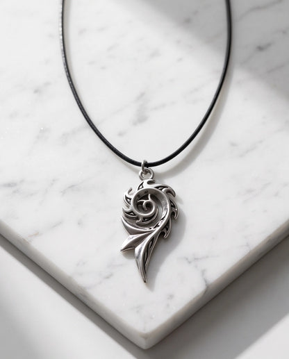 Silver Tribal Swirl Flame Cord Necklace