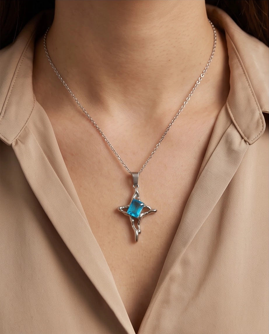 Silver Blue Gemstone Gothic Cross Pendant Necklace