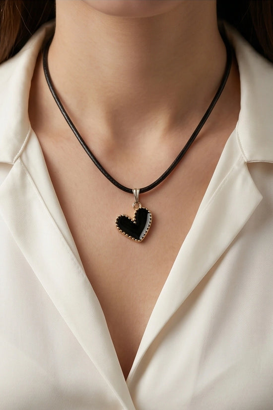 Gold Beaded Black Enamel Heart Necklace