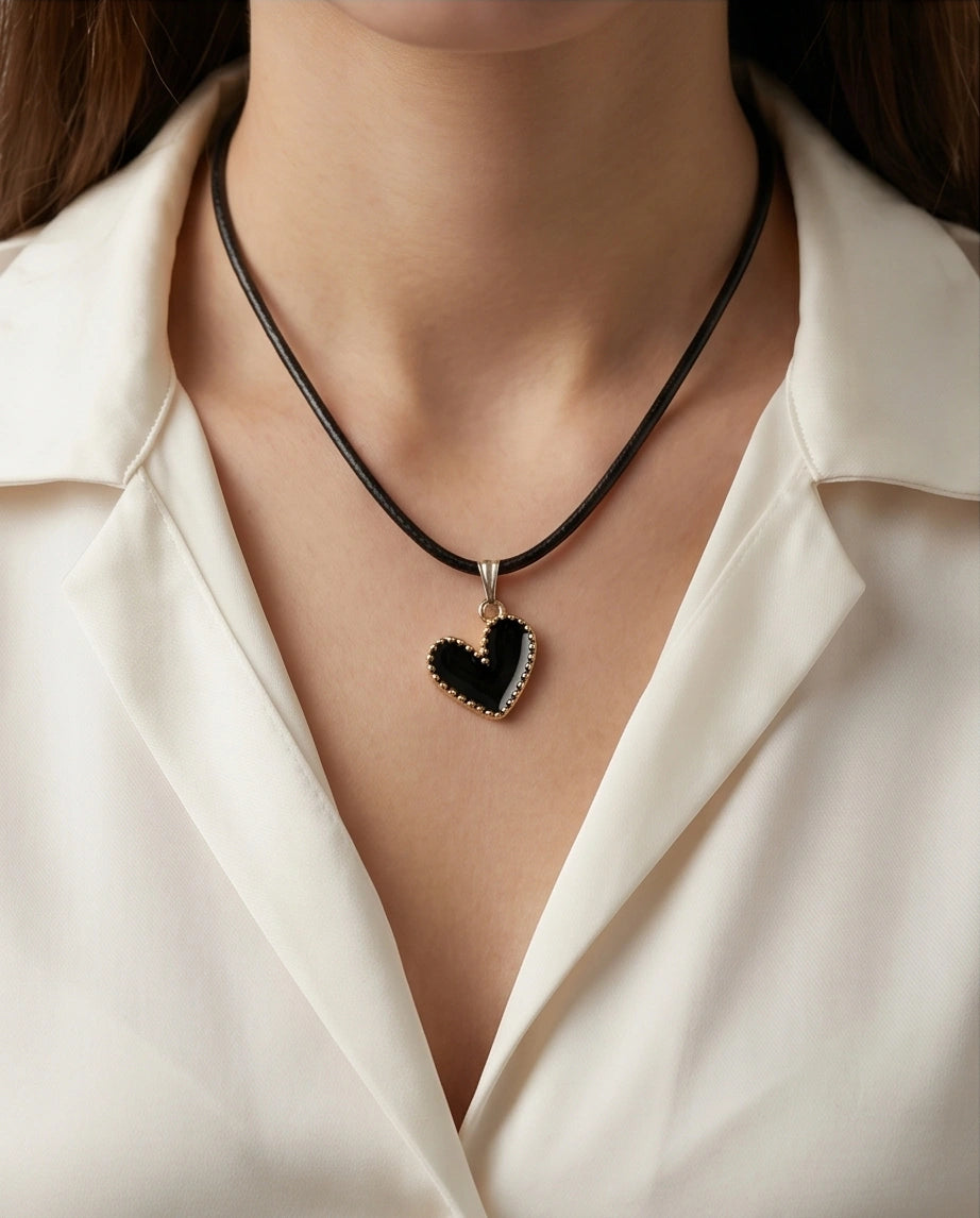 Gold Beaded Black Enamel Heart Necklace