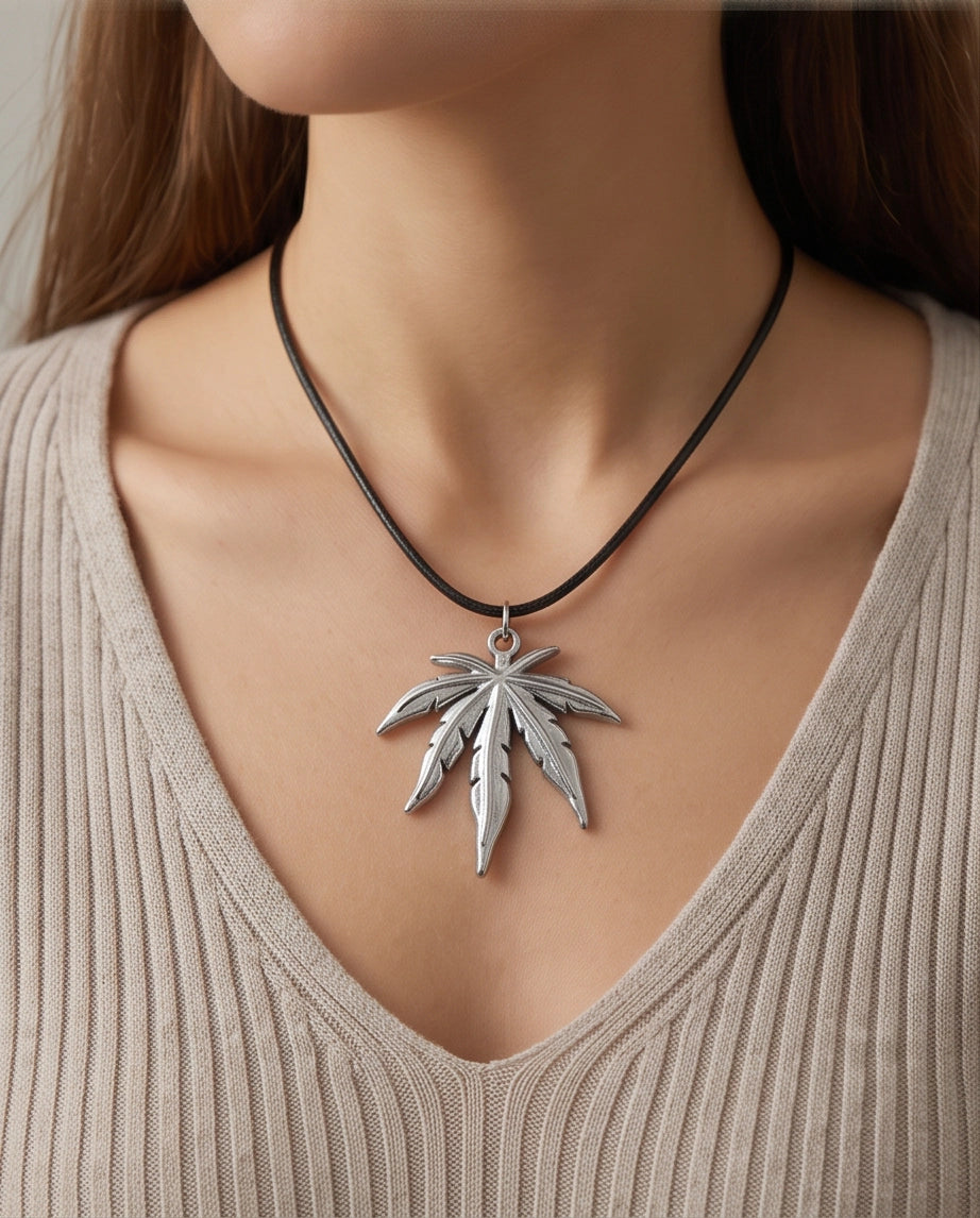 Silver Leaf Pendant Cord Necklace