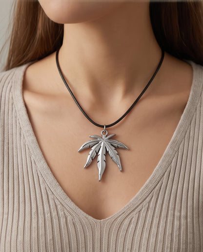 Silver Leaf Pendant Cord Necklace