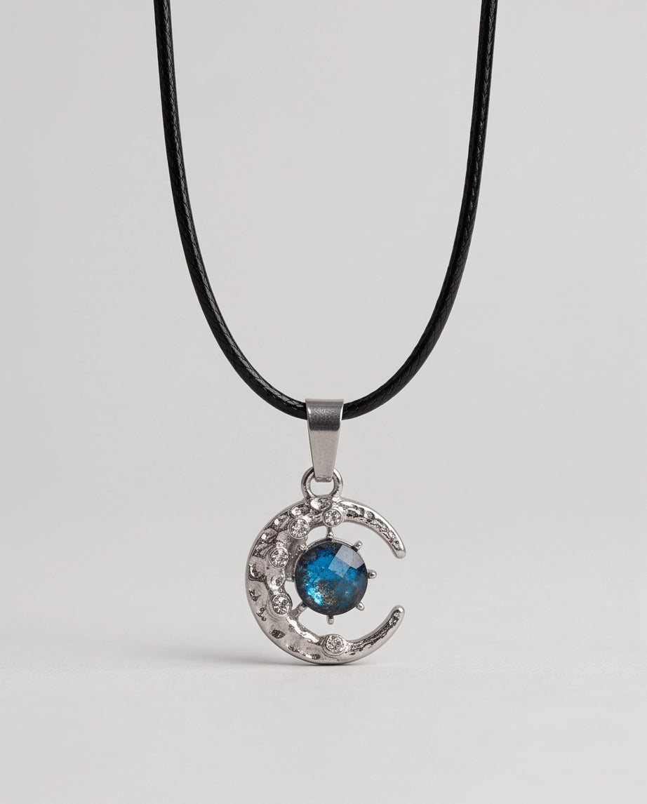 Silver Hammered Crescent Moon Galaxy Stone Pendant Necklace