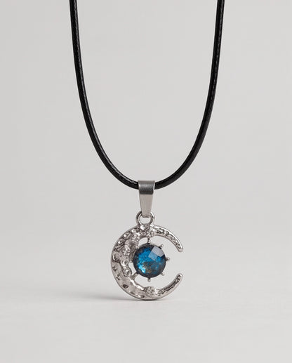 Silver Hammered Crescent Moon Galaxy Stone Pendant Necklace