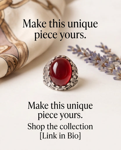 Crimson Red Oval Cabochon Ornate Leaf Scrollwork Silver Ring