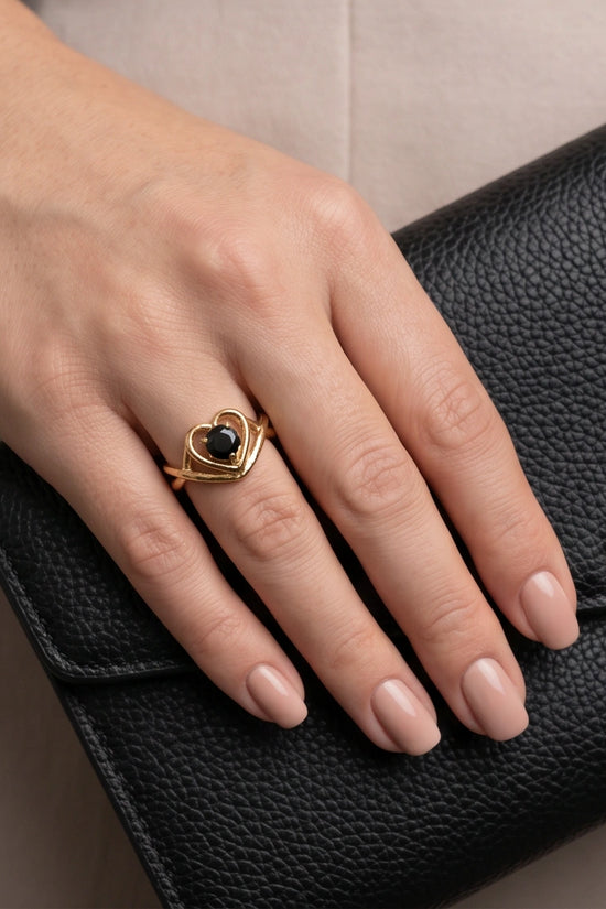 Gold Black Diamond Heart Openwork Ring