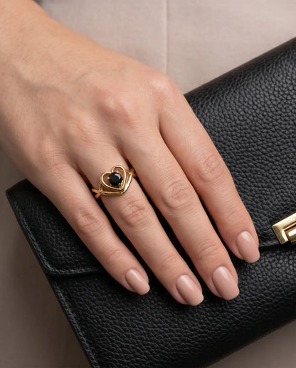 Gold Black Diamond Heart Openwork Ring