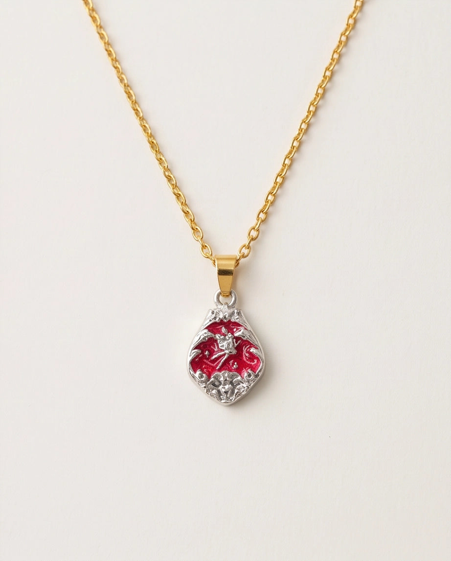 Silver Vintage Cherub Red Enamel Teardrop Pendant Necklace