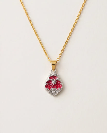 Silver Vintage Cherub Red Enamel Teardrop Pendant Necklace