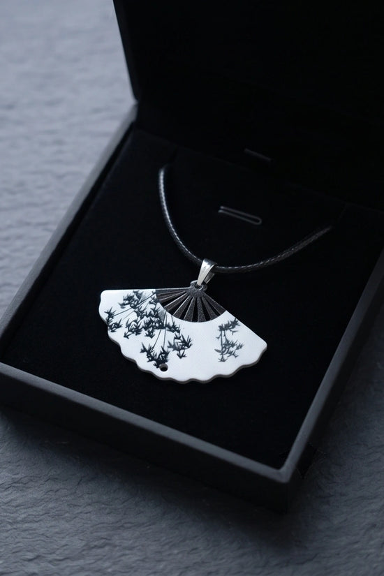 Artistic Monochrome Folding Fan Pendant Necklace