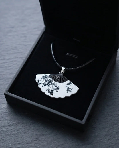 Artistic Monochrome Folding Fan Pendant Necklace