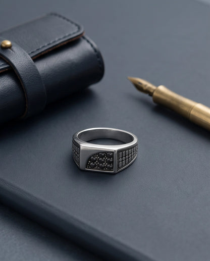 Garnet Micro-Pavé Geometric Segment Band Silver Ring