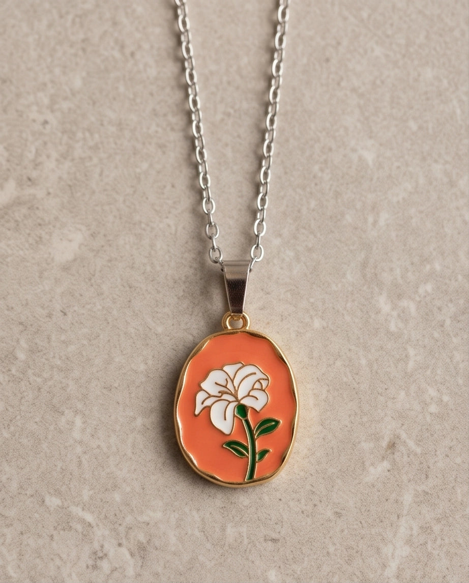 Gold Peach White Flower Enamel Medallion Chain Necklace