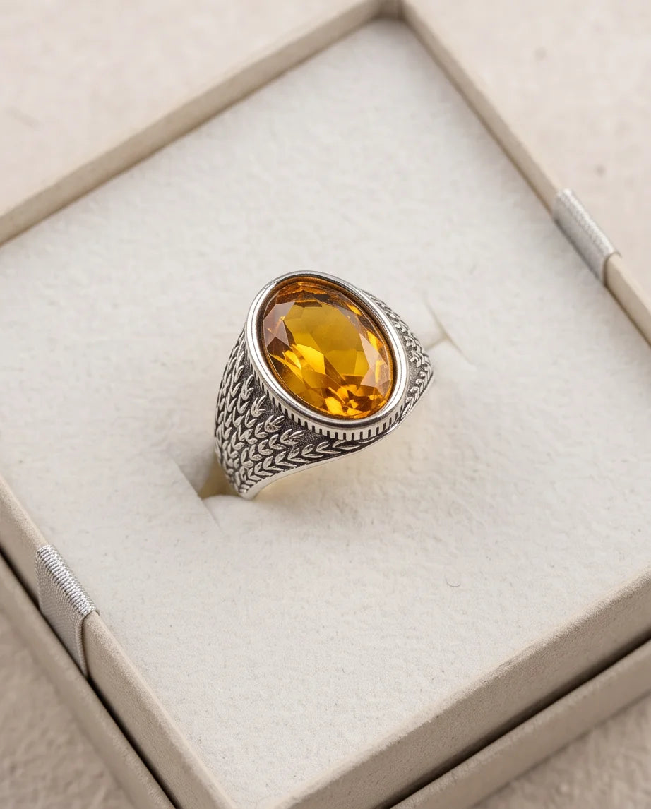 Citrine Gemstone Laurel Bezel Dragon-Scale Silver Ring