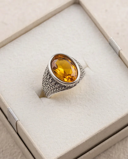 Citrine Gemstone Laurel Bezel Dragon-Scale Silver Ring