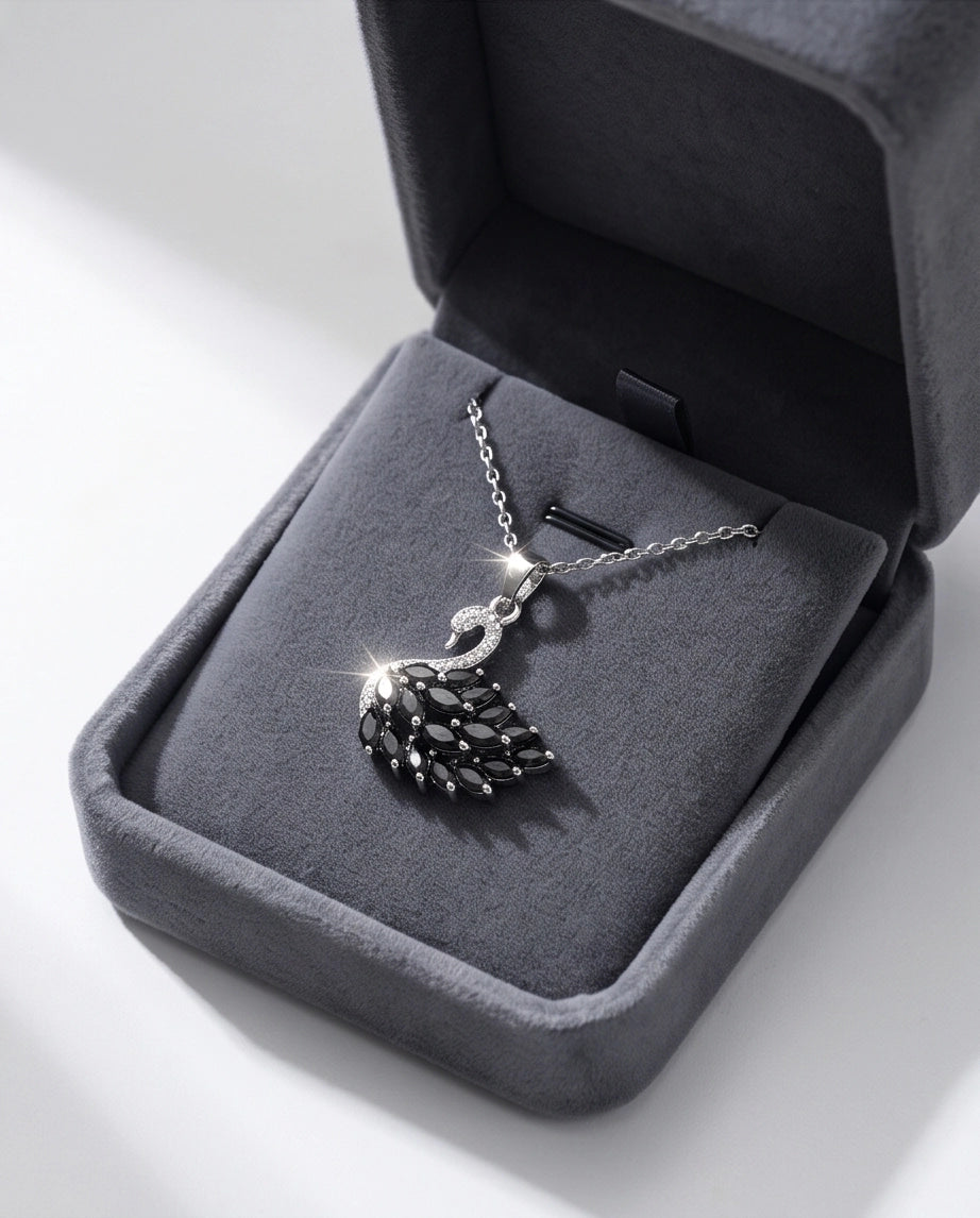 Silver Black Crystal Swan Necklace