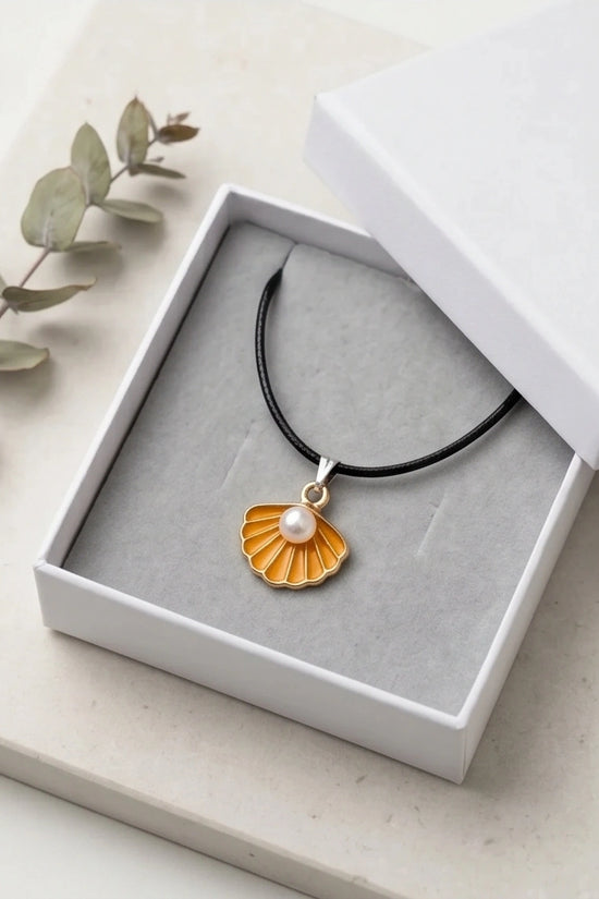 Golden Yellow Seashell Enamel Pendant Necklace with Faux Pearl