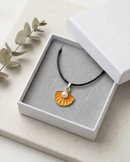 Golden Yellow Seashell Enamel Pendant Necklace with Faux Pearl