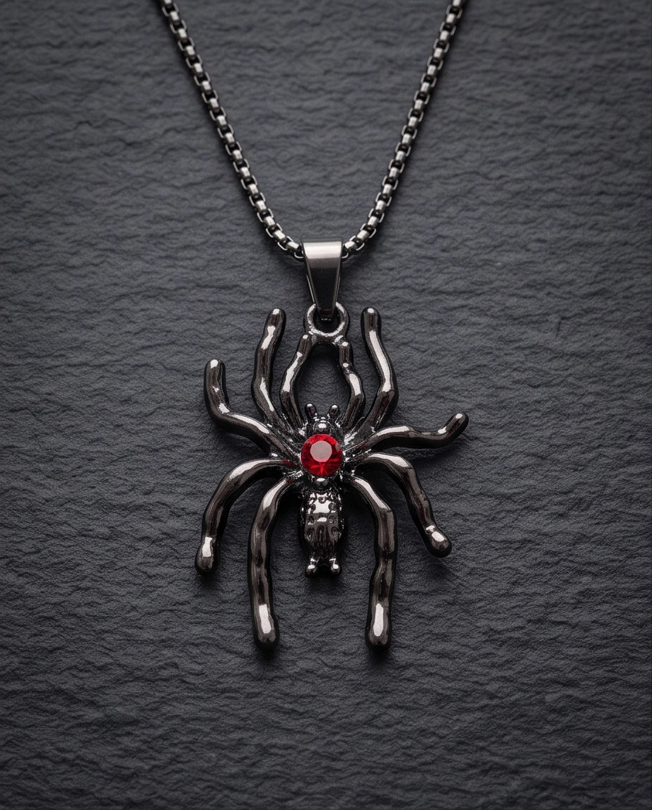 Black Spider Red Round Crystal Gem Pendant Necklace