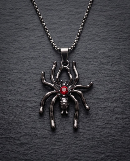 Black Spider Red Round Crystal Gem Pendant Necklace
