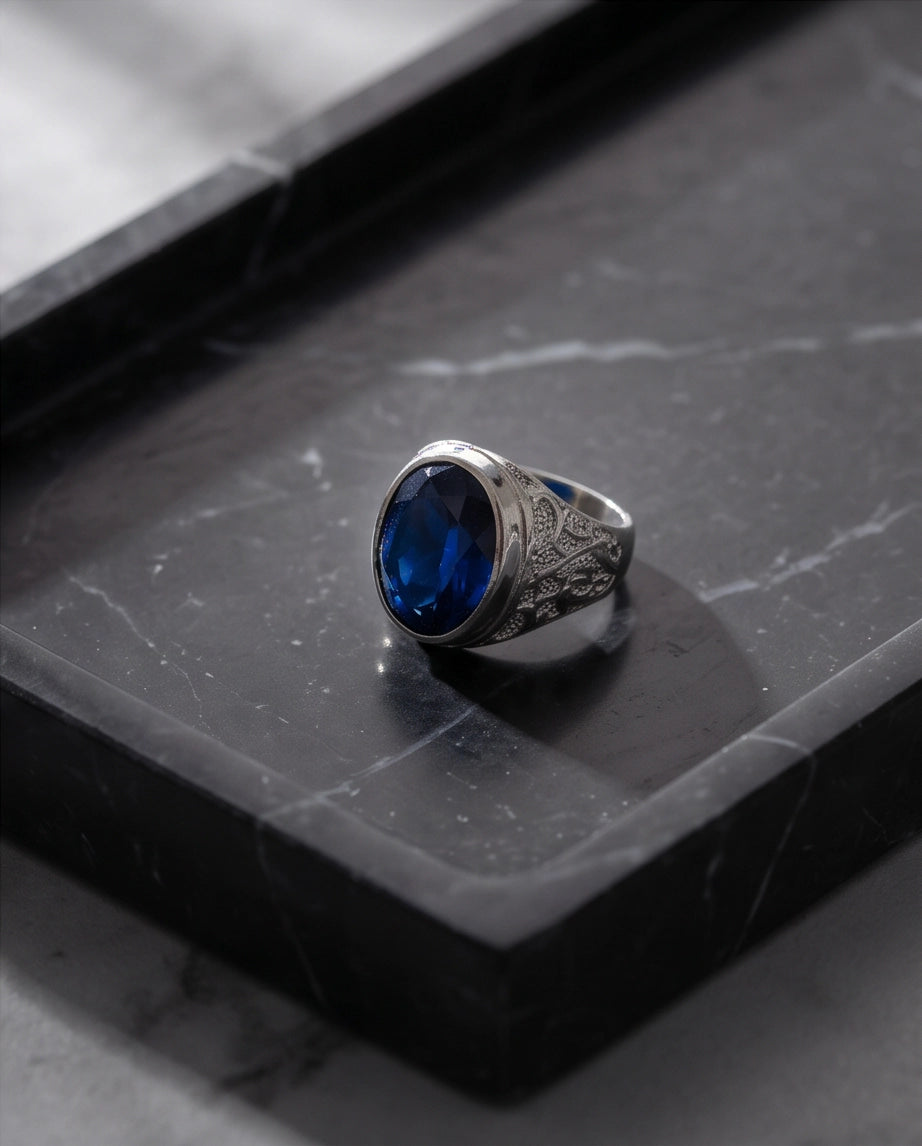 Cobalt Blue Oval-Cut Gemstone Filigree Silver Ring