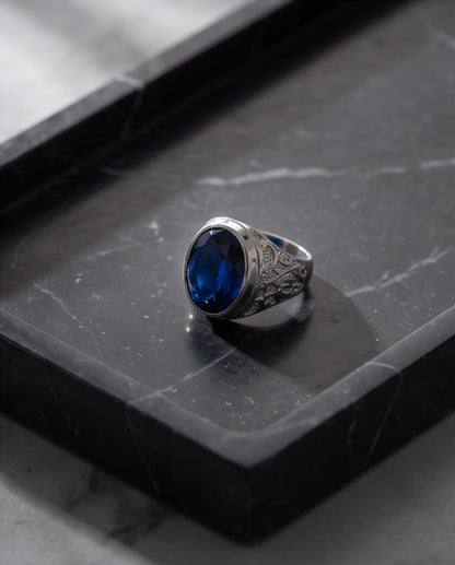 Cobalt Blue Oval-Cut Gemstone Filigree Silver Ring
