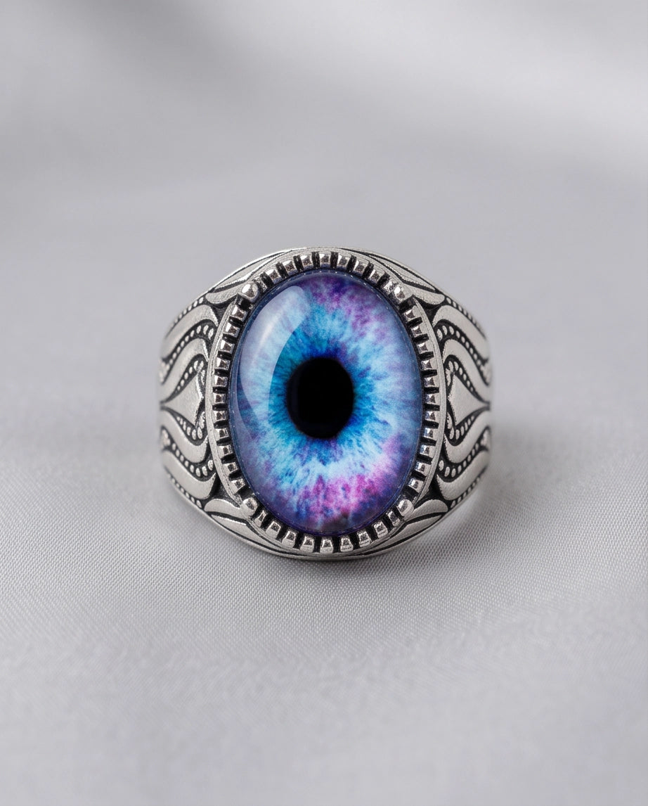 Nebula Blue-Purple Evil Eye Cabochon Ornate Scrollwork Silver Ring