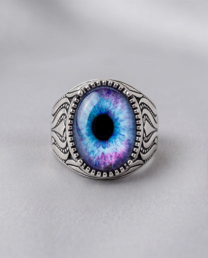Nebula Blue-Purple Evil Eye Cabochon Ornate Scrollwork Silver Ring