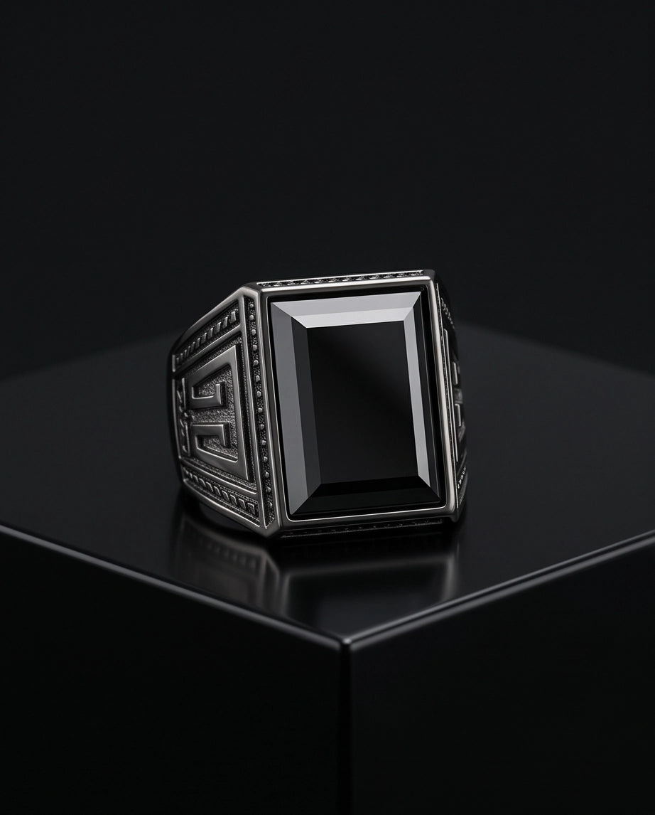 Jet Black Emerald-Cut Onyx Geometric Architectural Silver Ring
