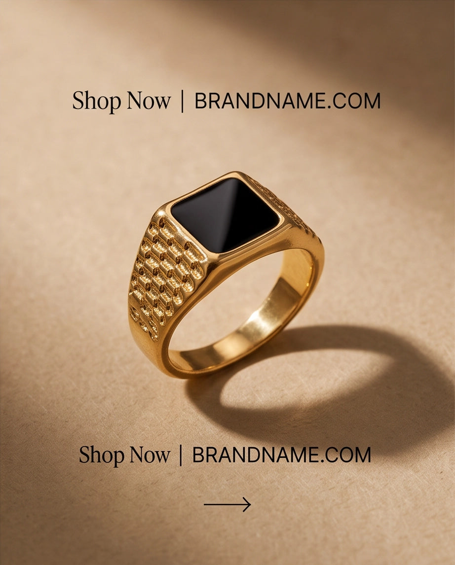 Onyx-Style Square Inlay Brick-Link Band Gold Ring