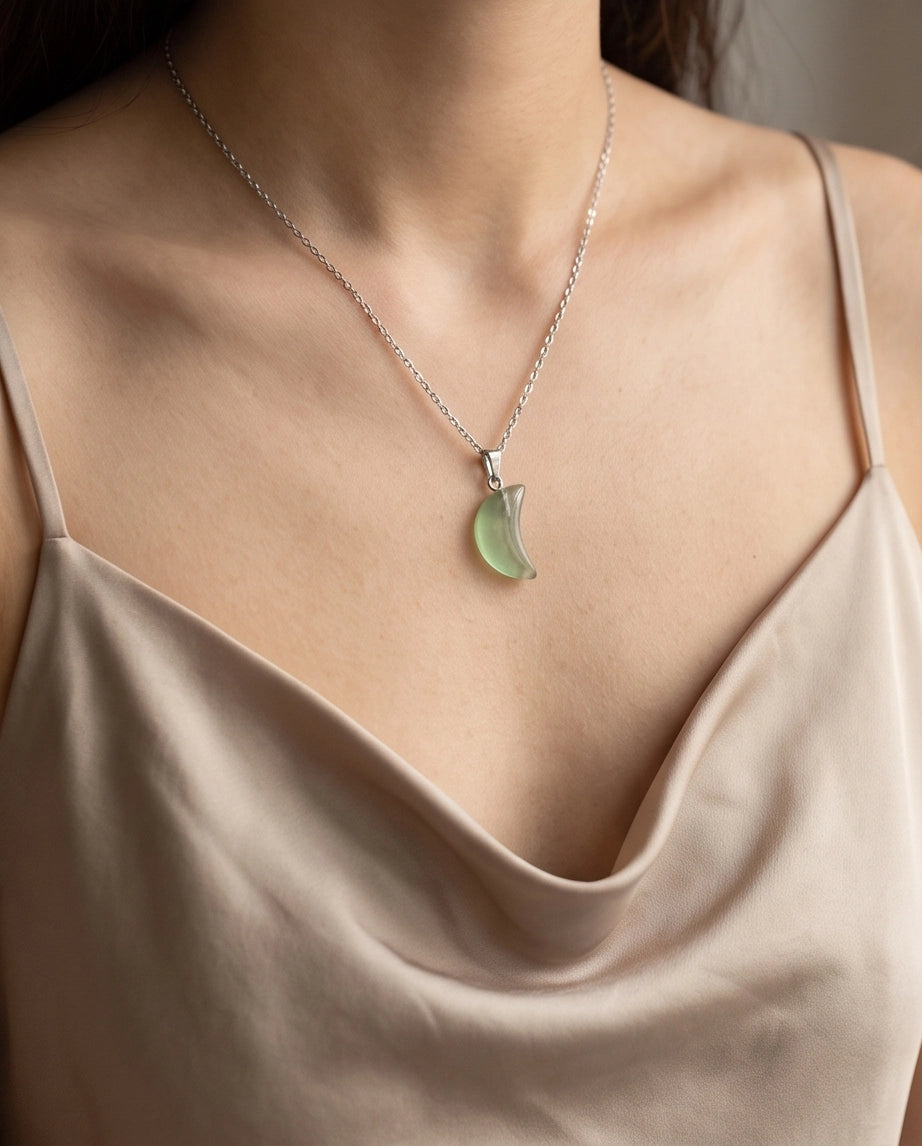 Silver Fluorite Light Green Crescent Moon Pendant Necklace