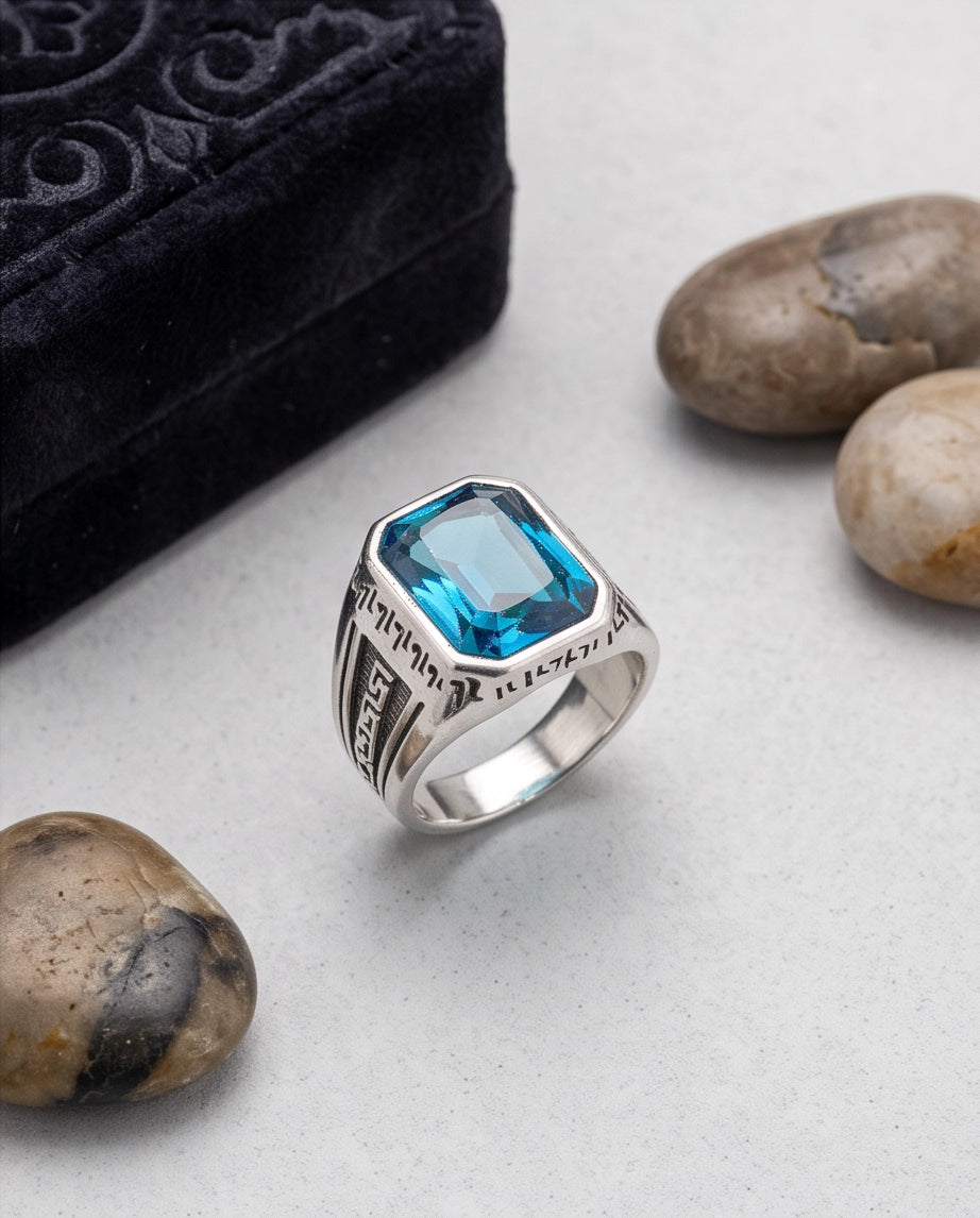 Aquamarine Emerald-Cut Gemstone Engraved Geometric Silver Ring