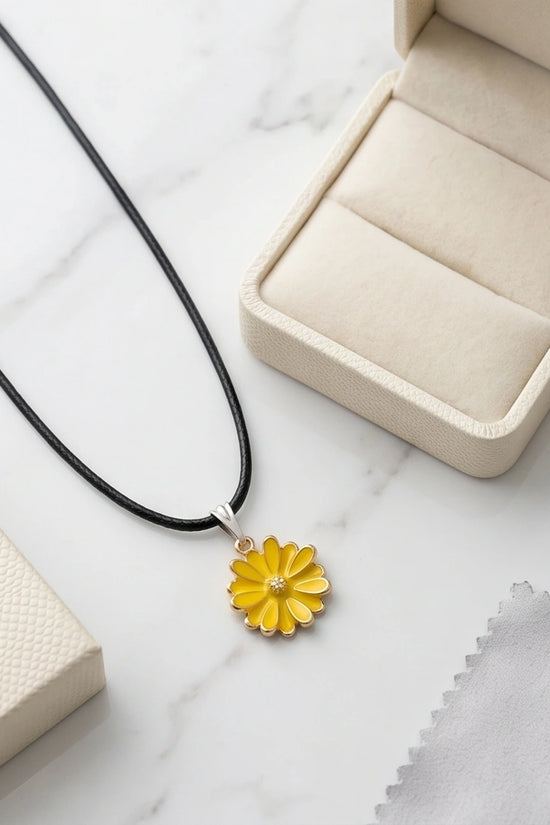 Vibrant Yellow Sunflower Enamel Pendant Necklace with Crystal Accent