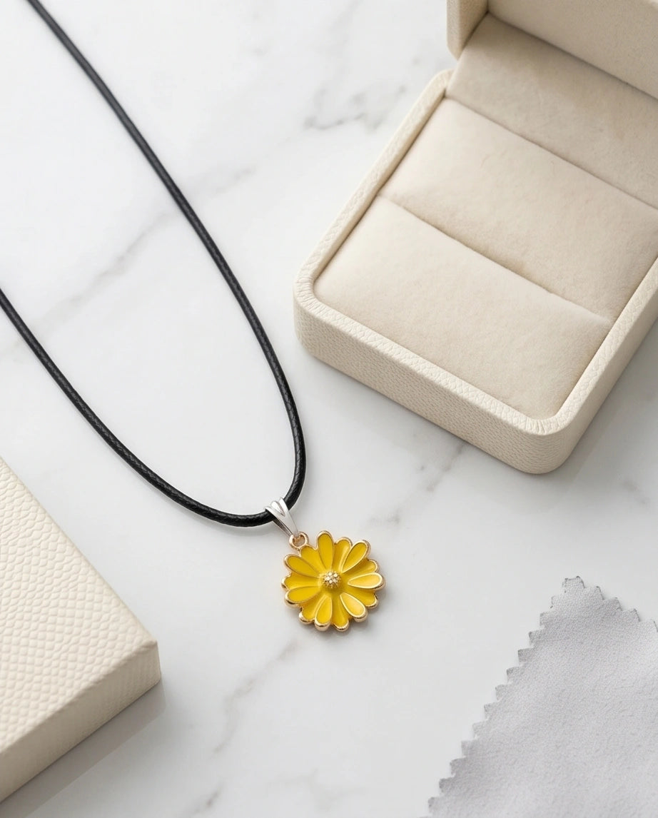Vibrant Yellow Sunflower Enamel Pendant Necklace with Crystal Accent
