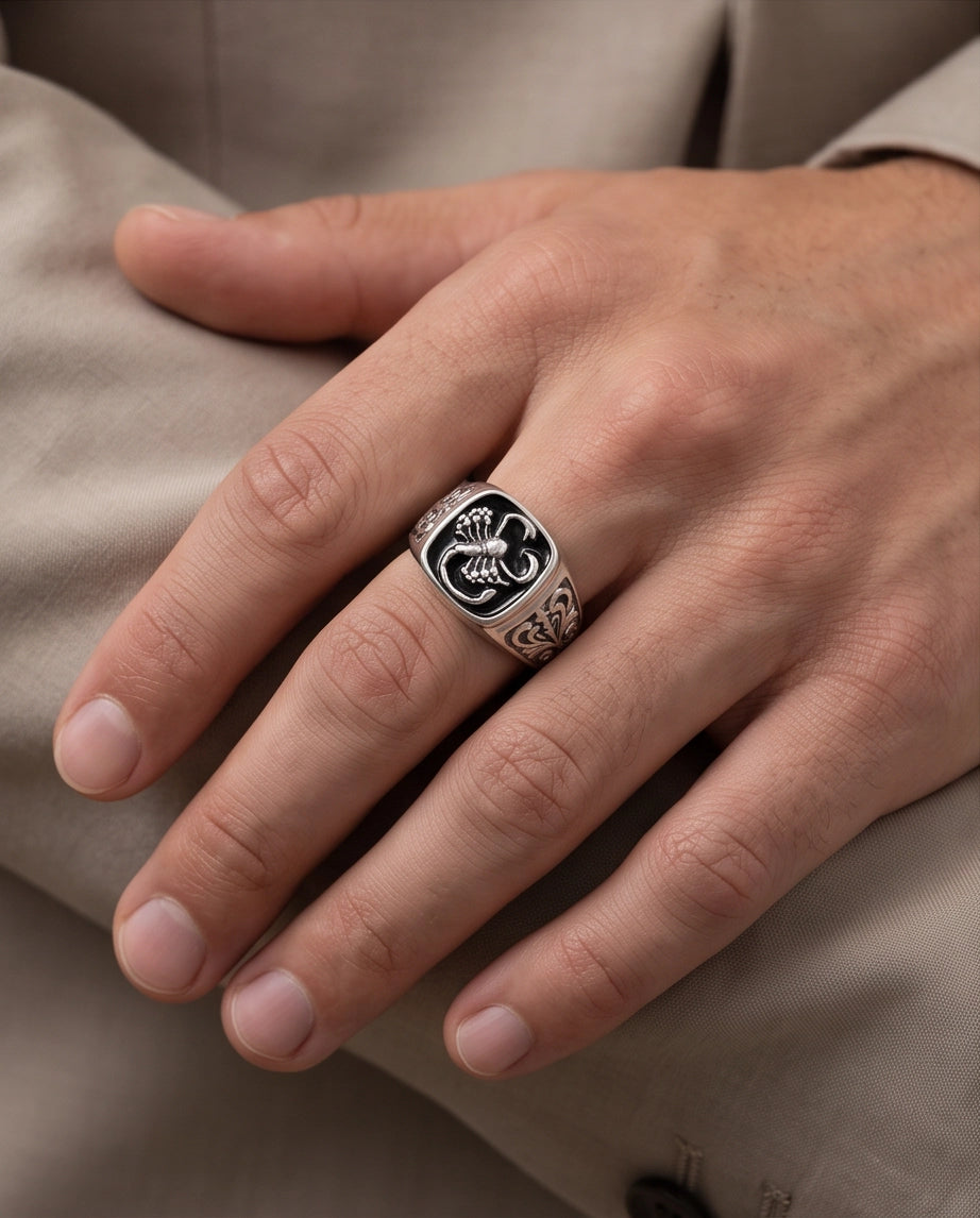 Black Enamel Scorpion Silver Ring