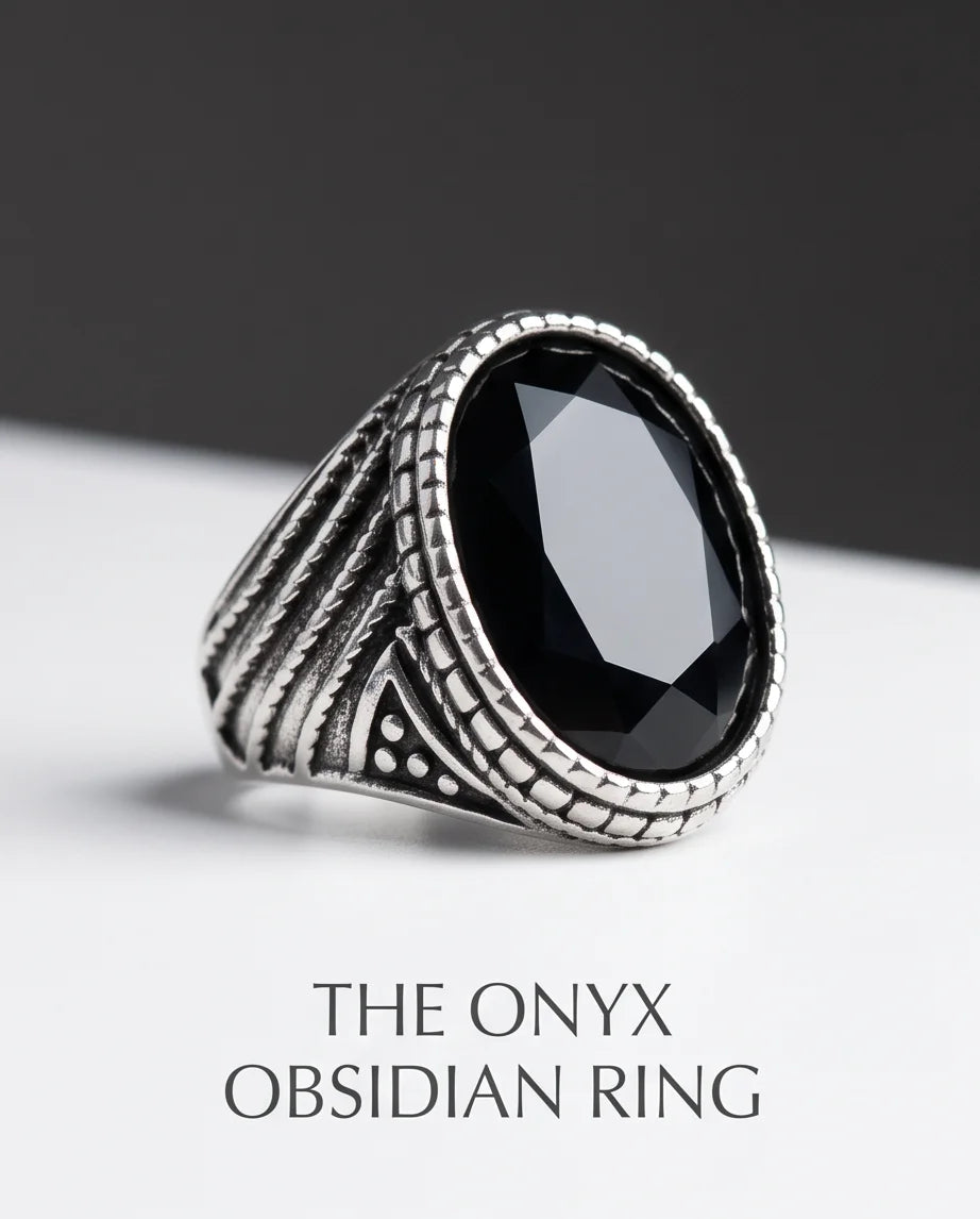 Black Gemstone Double-Tier Bezel Ribbed Silver Ring