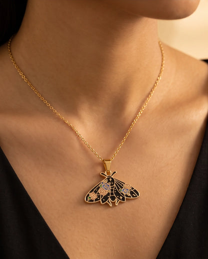 Gold Floral Moth Enamel Chain Necklace