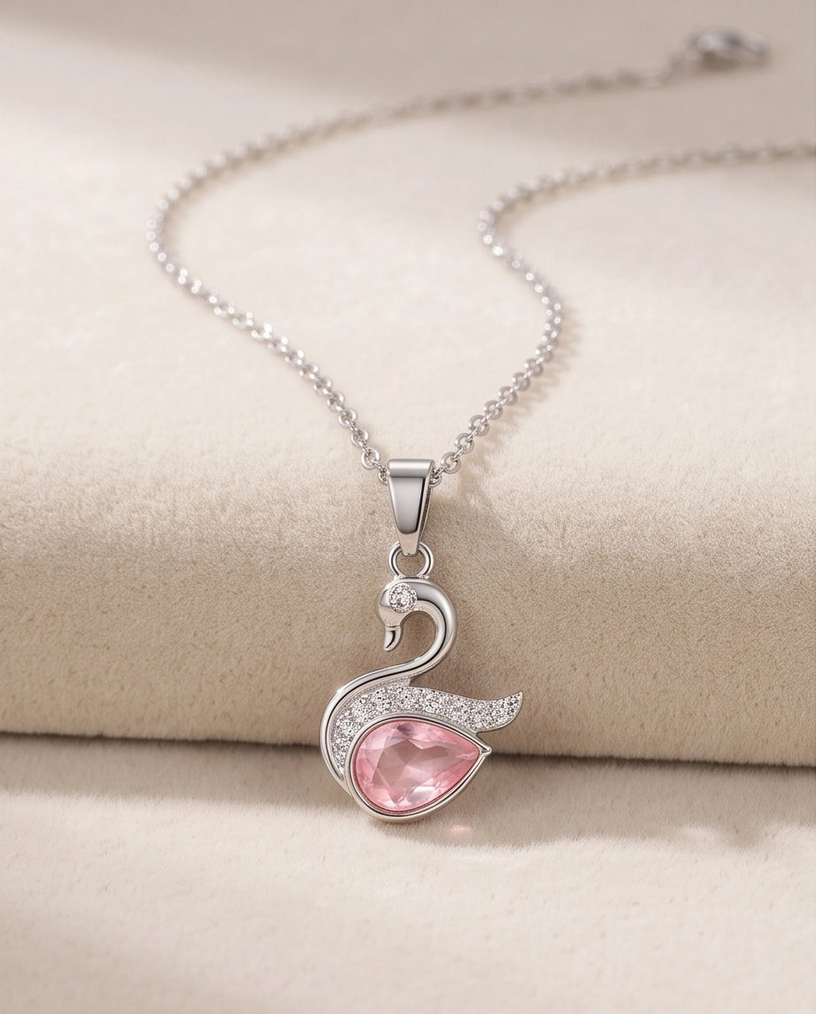 Silver Pink Crystal Swan Pendant Necklace