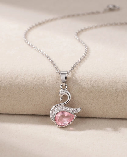 Silver Pink Crystal Swan Pendant Necklace