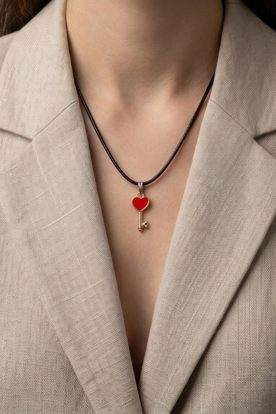 Gold and Red Heart Key Necklace