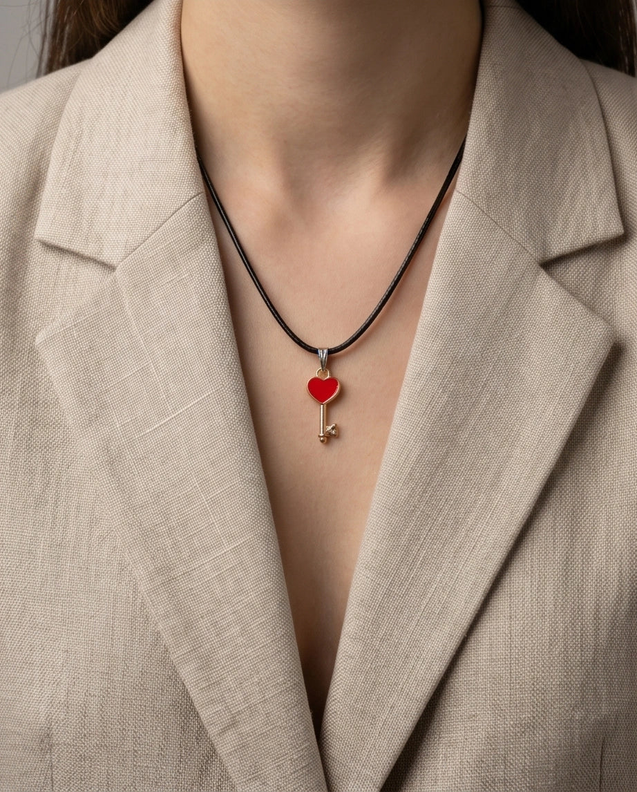 Gold and Red Heart Key Necklace