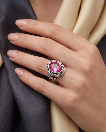 Tourmaline Gemstone Scalloped Bezel Filigree Silver Ring