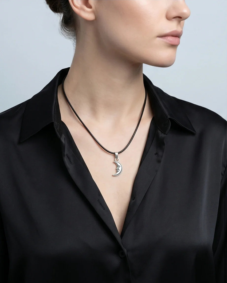 Silver Vintage Crescent Moon Face Necklace