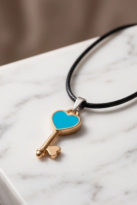 Gold and Turquoise Heart Key Pendant Necklace