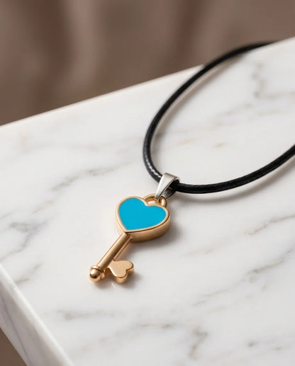 Gold and Turquoise Heart Key Pendant Necklace