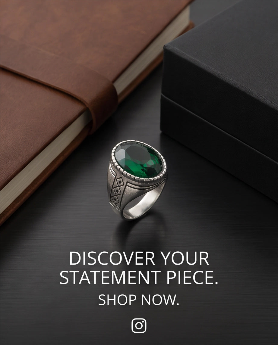 Emerald Gemstone Notched Bezel Geometric Diamond Silver Ring